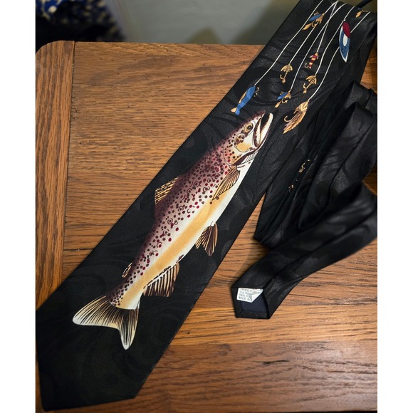 Fratello Tie, Fishing Lures & Trout, Black Novelty Necktie, Handmade Mens - Picture 1 of 5